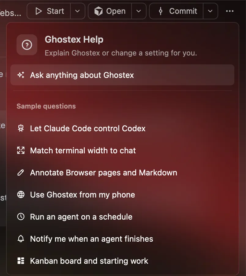 The Ghostex Help panel with Ask anything about Ghostex and the sample questions